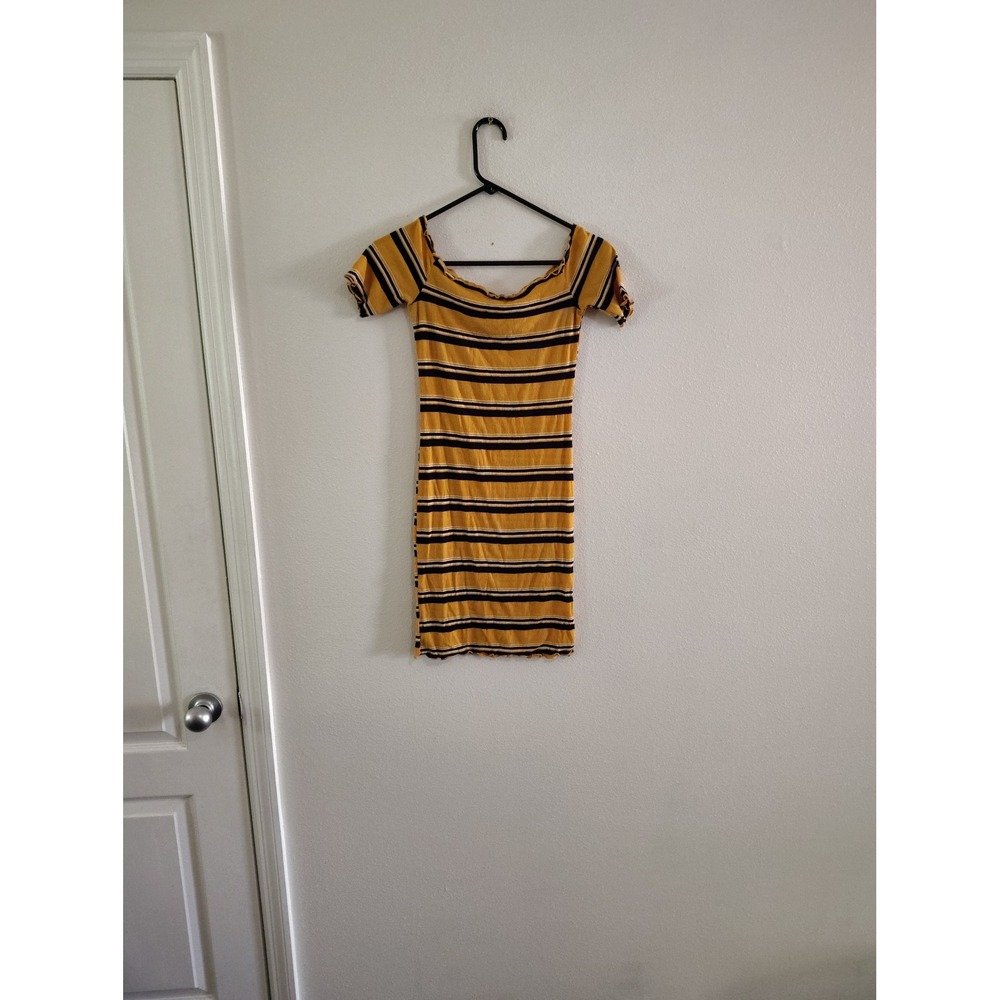 Ambiance Womens Yellow‎ Black Striped Ribbed Knit Bodycon Mini Dress Small